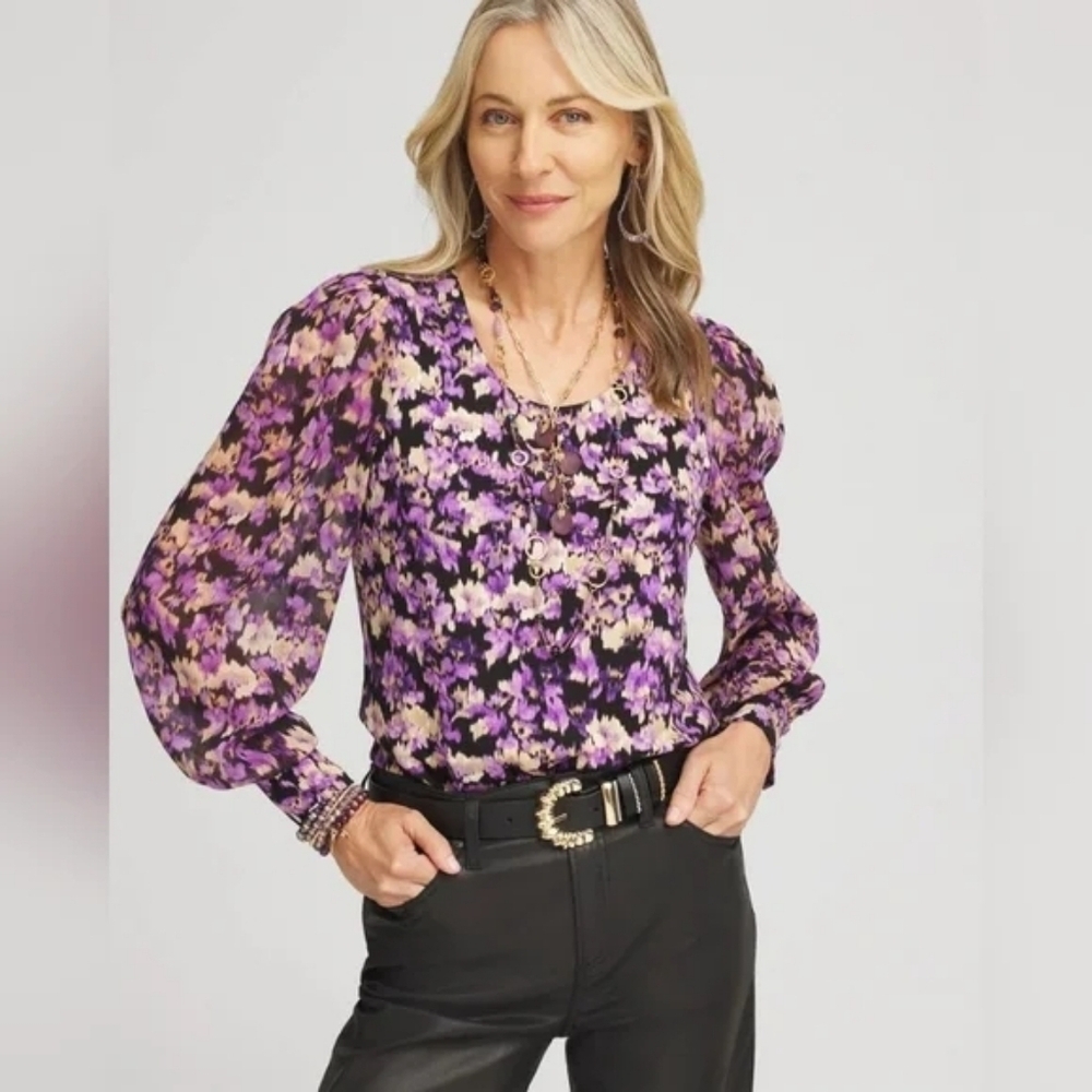 Chico's NWT Touch Of Cool Blooms Organza SLV Top 3/XL